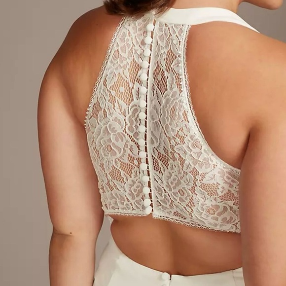 DAVID'S BRIDAL Sheer Back Crepe Wedding Dress with Lace Train - Picture 4 of 14